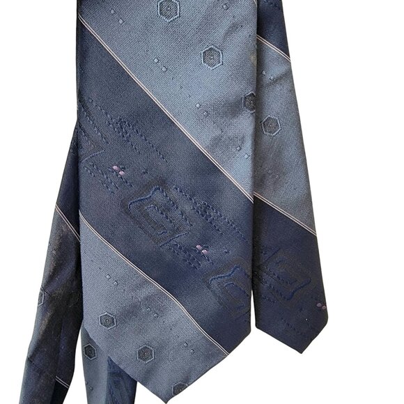 Vintage 70s Blue Silk Neck Tie Men Accessories Geometric Embroidered Formal Work - Picture 16 of 16